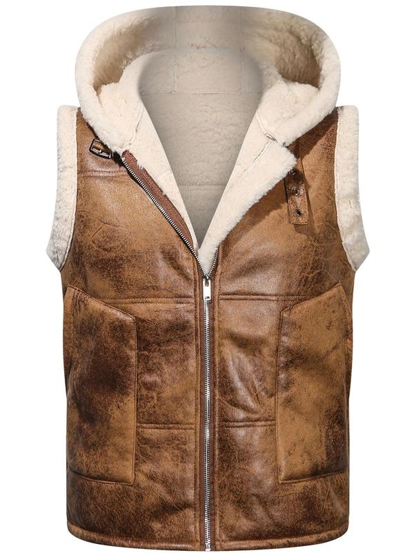 Men's Patchwork Print Zip Up Hooded Vest Coat, Regular Fit Casual Thermal Lined Pocket Design Sleeveless Outerwear for Winter, Men's Clothes for Daily Wear