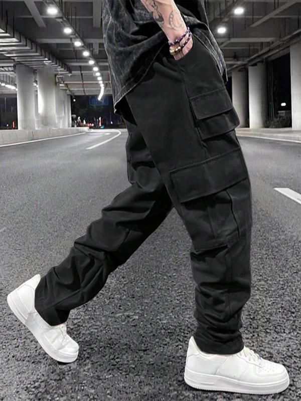 Men's Solid Flap Pocket Drawstring Cargo Pants, Loose Casual Street Straight Leg Trousers for Daily Wear, Men's Bottoms for All Seasons