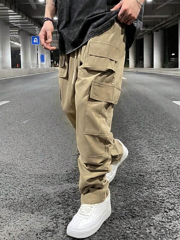 Men's Solid Flap Pocket Drawstring Cargo Pants, Loose Casual Street Straight Leg Trousers for Daily Wear, Men's Bottoms for All Seasons