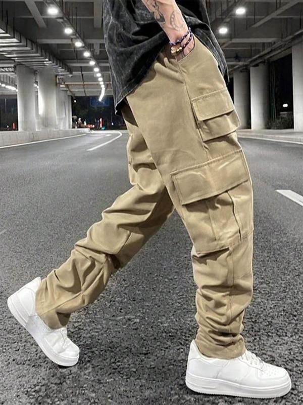 Men's Solid Flap Pocket Drawstring Cargo Pants, Loose Casual Street Straight Leg Trousers for Daily Wear, Men's Bottoms for All Seasons