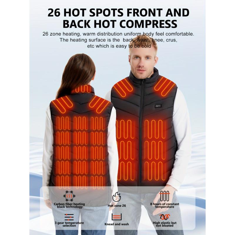 1pc MGNW USB Rechargeable Heated Vest for Men and Women - 26-Zone Electric Warmer with Adjustable Temperature Control, Stand Collar, Zipper, Polyester Fiber Filling, Non-Stretch for Running, Skiing, Fishing, Outdoor Activities - Regular Fit