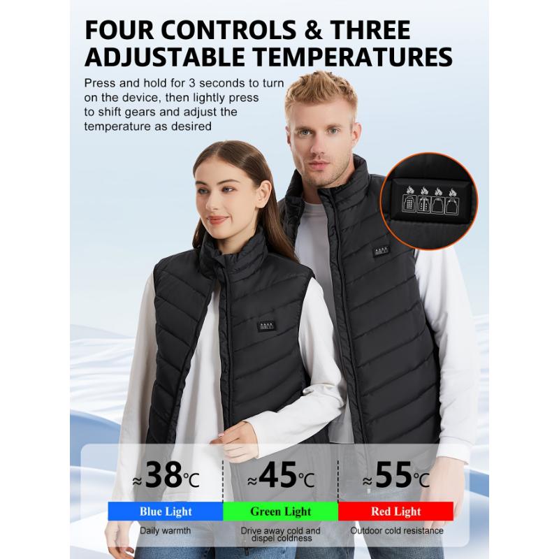 1pc MGNW USB Rechargeable Heated Vest for Men and Women - 26-Zone Electric Warmer with Adjustable Temperature Control, Stand Collar, Zipper, Polyester Fiber Filling, Non-Stretch for Running, Skiing, Fishing, Outdoor Activities - Regular Fit