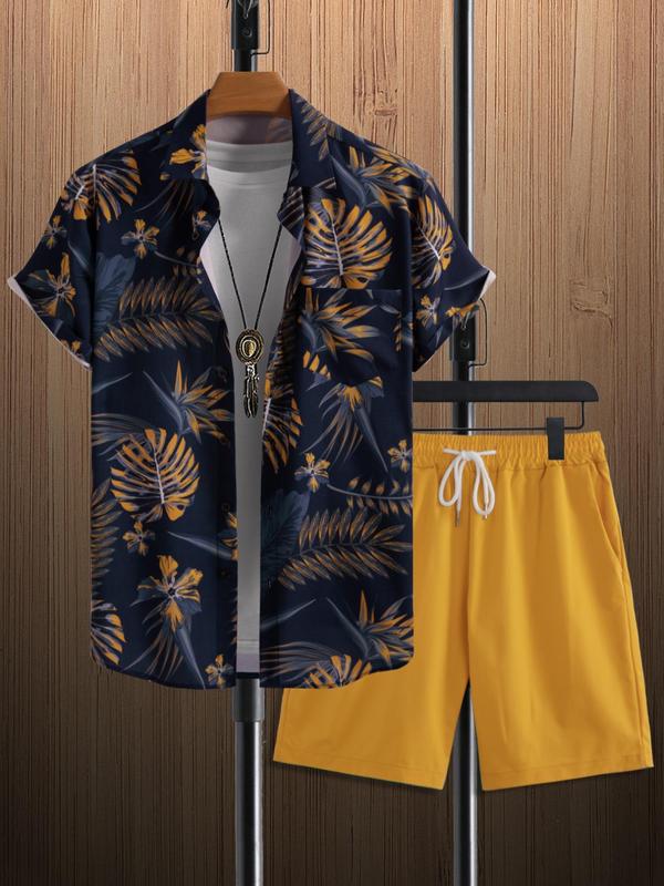 Men's Tropical Print Shirt & Drawstring Waist Shorts Set, Regular Fit Palm Tree Print Button Front Shirt & High Waist Shorts, Hawaiian Men's Two-Piece Outfits for Summer Beach Vacation