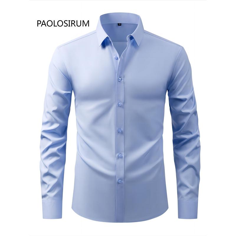 Men's Solid Color Lapel Collar Design Dress Shirts, Long Sleeve Casual Button Up Shirt For Formal Occasions Menswear Top