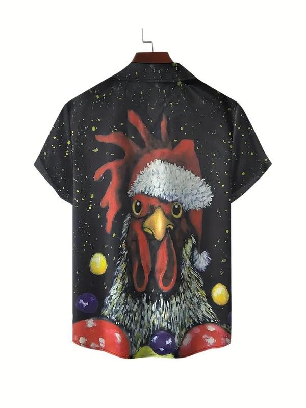 Men's Festive Christmas Rooster Print Casual Shirt - Short Sleeve, Button-Up, Polyester Blend for Parties & Casual Attire