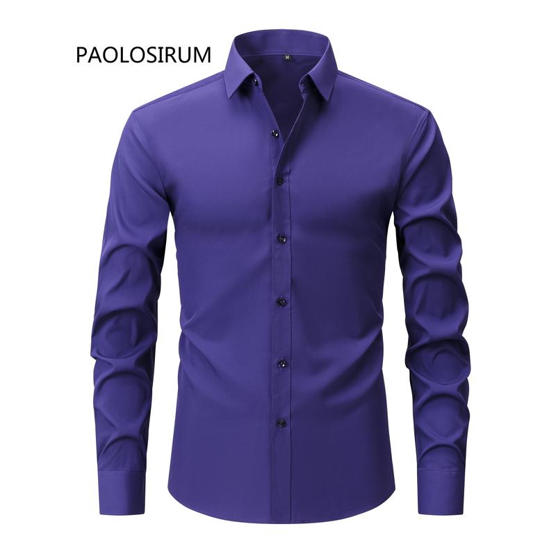 Men's Solid Color Lapel Collar Design Dress Shirts, Long Sleeve Casual Button Up Shirt For Formal Occasions Menswear Top