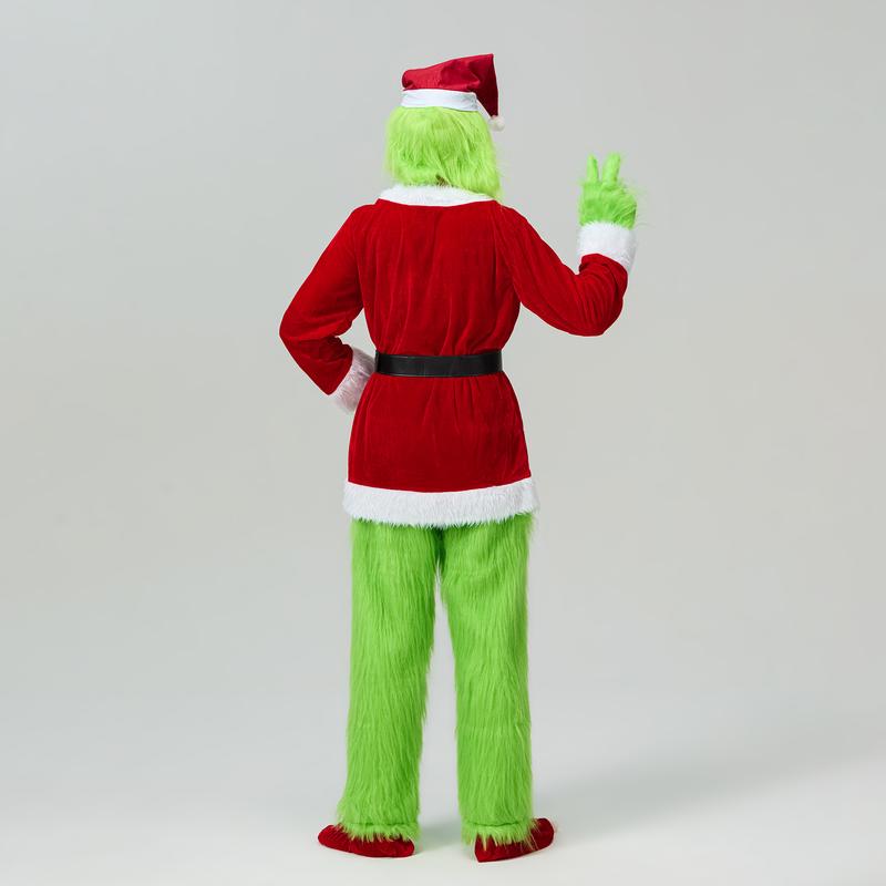 Hot Creative Halloween 7Pcs Costume Set Santa Claus Hat Top Boots Green Hair Monster Mask Gloves Cosplay Costume Xmas Clothes  Christmas