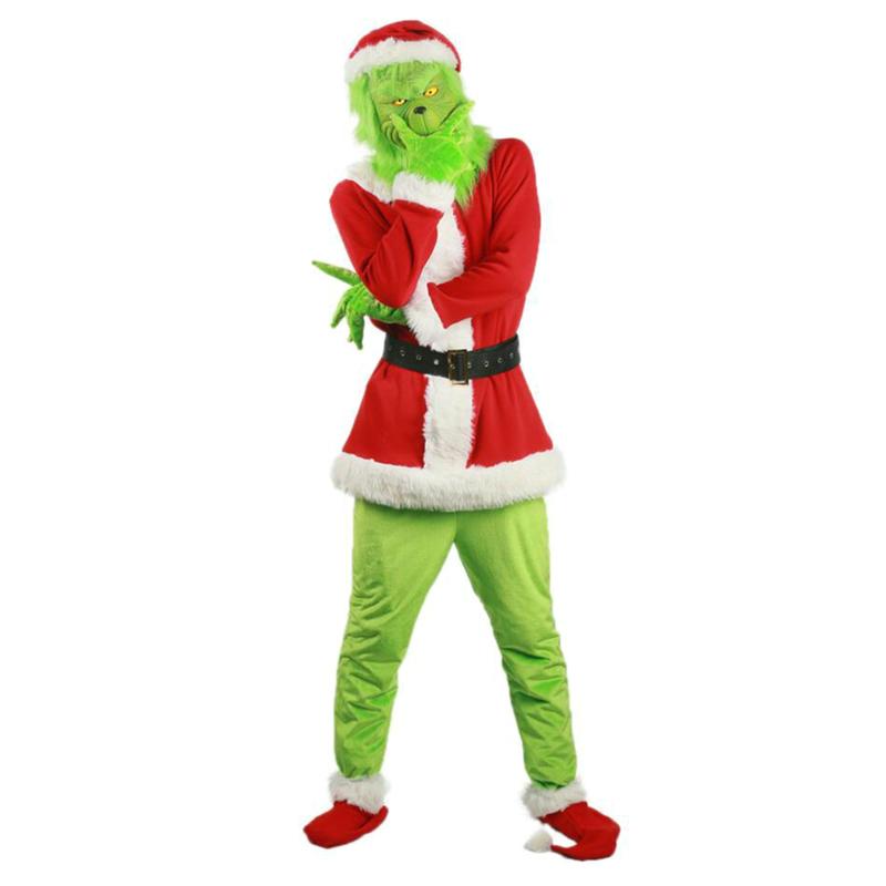 Hot Creative Halloween 7Pcs Costume Set Santa Claus Hat Top Boots Green Hair Monster Mask Gloves Cosplay Costume Xmas Clothes  Christmas