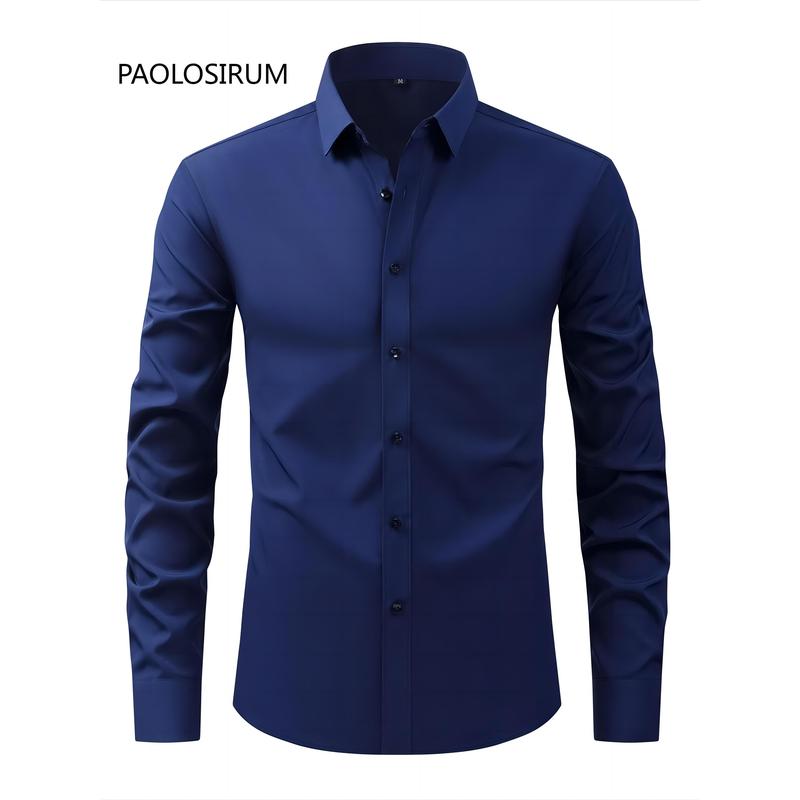 Men's Solid Color Lapel Collar Design Dress Shirts, Long Sleeve Casual Button Up Shirt For Formal Occasions Menswear Top