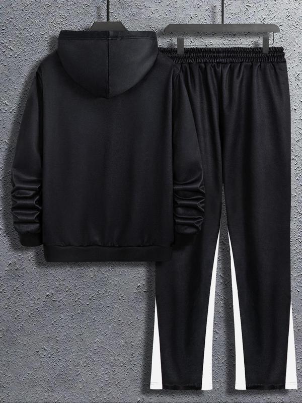 Men's Graphic Pocket Hoodie & Drawstring Waist Sweatpants Two-Piece Set, Regular Fit Casual Long Sleeve Hooded Sweatshirt & Colorblock Jogger Pants, Men's Two-piece Outfits for Fall & Winter