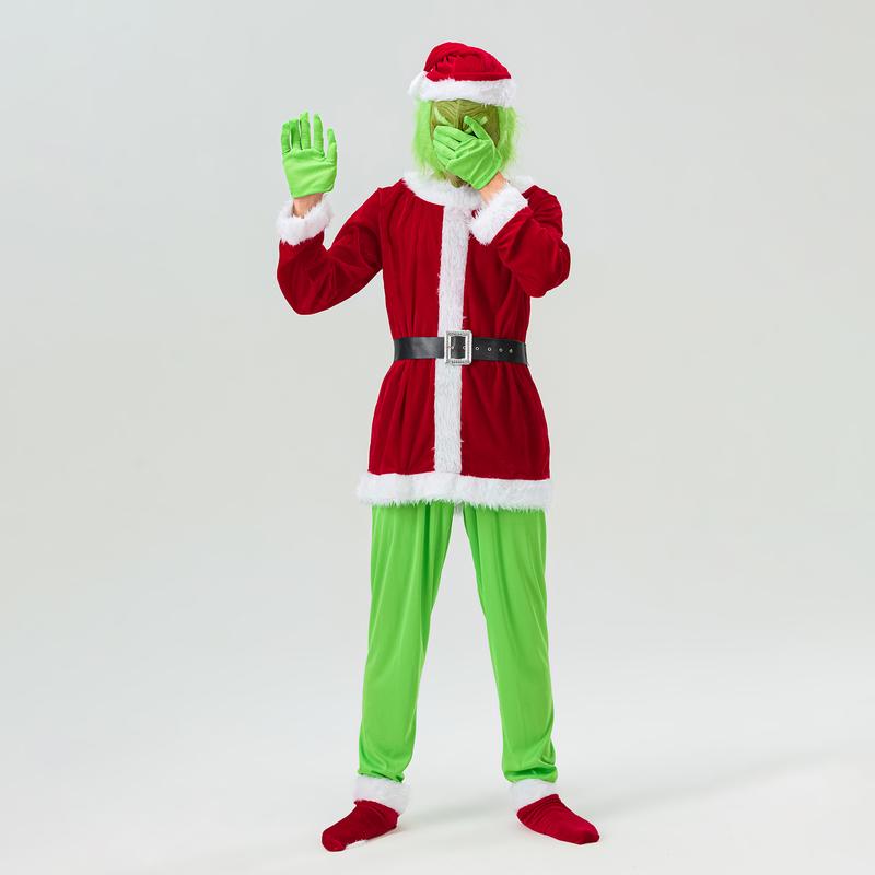 Hot Creative Halloween 7Pcs Costume Set Santa Claus Hat Top Boots Green Hair Monster Mask Gloves Cosplay Costume Xmas Clothes  Christmas