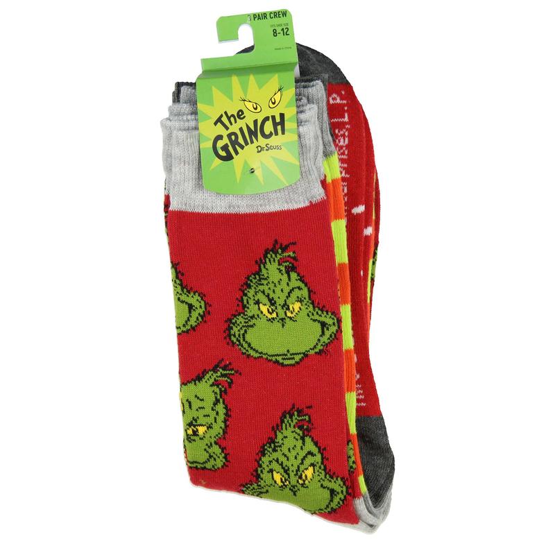 Dr Seuss GRINCH Merry Grinchmas Adult Holiday 3 Pair Crew Socks