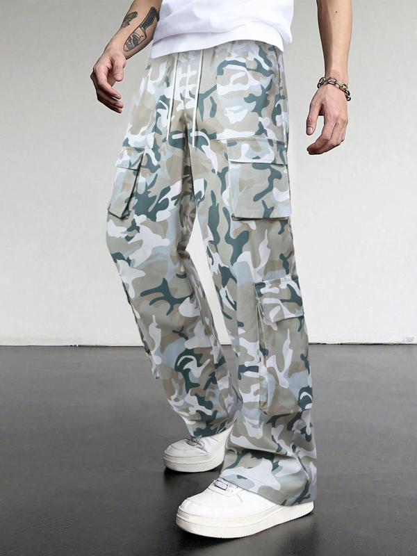 Men's Loose Camo Print Drawstring Waist Cargo Pants, Street Fashion Casual Pocket Trousers, 2000s Pants for Men, Summer Outfits 2024 for Work, Cargo Pants for Men, Mens Bottoms for All Seasons