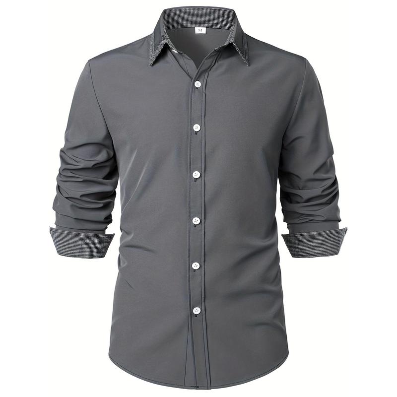 Men's Button Down Plaid Collar Long Sleeve Shirt, Business Casual Dress Shirts