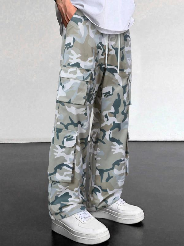 Men's Loose Camo Print Drawstring Waist Cargo Pants, Street Fashion Casual Pocket Trousers, 2000s Pants for Men, Summer Outfits 2024 for Work, Cargo Pants for Men, Mens Bottoms for All Seasons