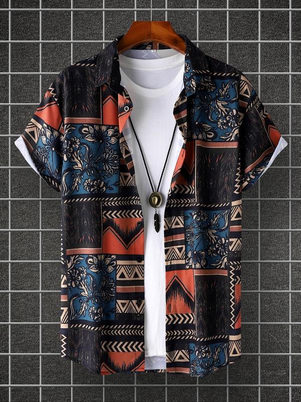 Men's Regular Fit Patchwork Print Button Front Shirt without Inner Tee & Necklace, Casual Boho Short Sleeve Collar Shirt for Summer, Fashion Men's Top for Beach Vacation