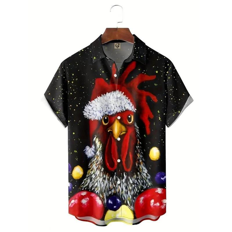 Men's Festive Christmas Rooster Print Casual Shirt - Short Sleeve, Button-Up, Polyester Blend for Parties & Casual Attire