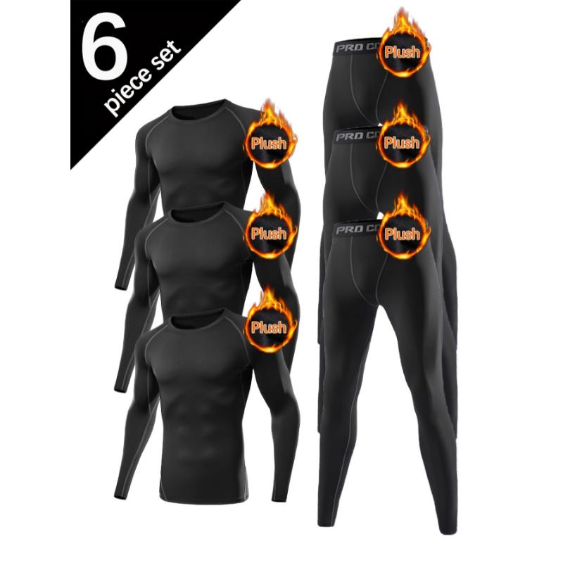 6pcs 3Sets Men'S Thermal Underwear Set, Winter Hunting Outdoor Skiing Winter Thermal Tights, Long Sleeve Crew Neck Top And Pants Set, Suitable for Autumn And Winter Outdoor  Sportswear Set Underwear Set