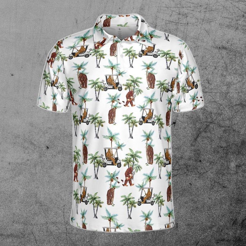 Funny Sasquatch Bigfoot Playing Golf, Tropical Golf Gift Polo Shirt, Golf Sports Gift All Over Print Golf Polo Shirt For Men Gift for Golfer Golf Player