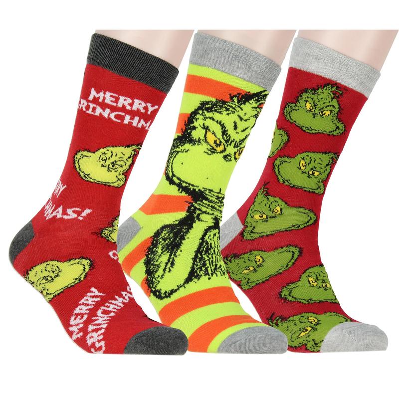 Dr Seuss GRINCH Merry Grinchmas Adult Holiday 3 Pair Crew Socks