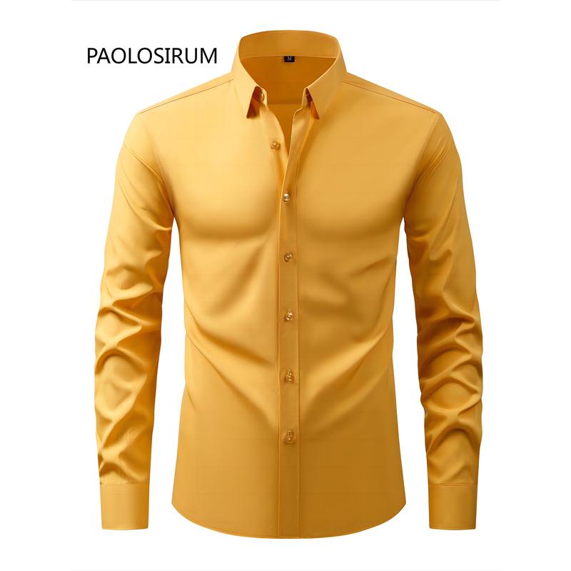 Men's Solid Color Lapel Collar Design Dress Shirts, Long Sleeve Casual Button Up Shirt For Formal Occasions Menswear Top