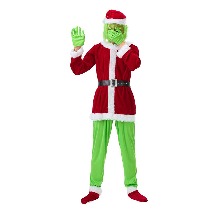 Hot Creative Halloween 7Pcs Costume Set Santa Claus Hat Top Boots Green Hair Monster Mask Gloves Cosplay Costume Xmas Clothes  Christmas