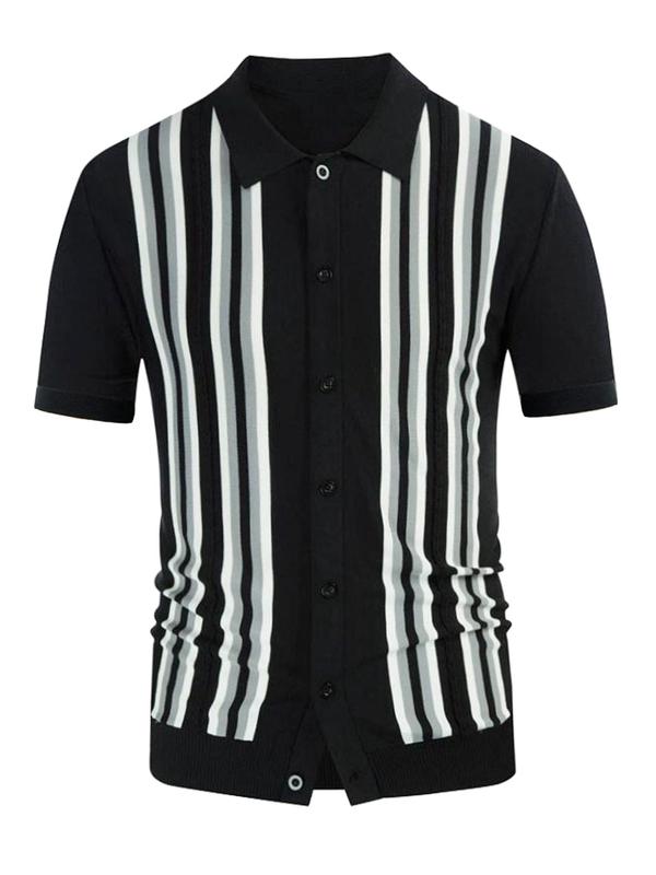 Men's Striped Print Button Front Shirt, Summer Clothes, Regular Fit Casual Short Sleeve Collar Top for Summer, Men's Clothes