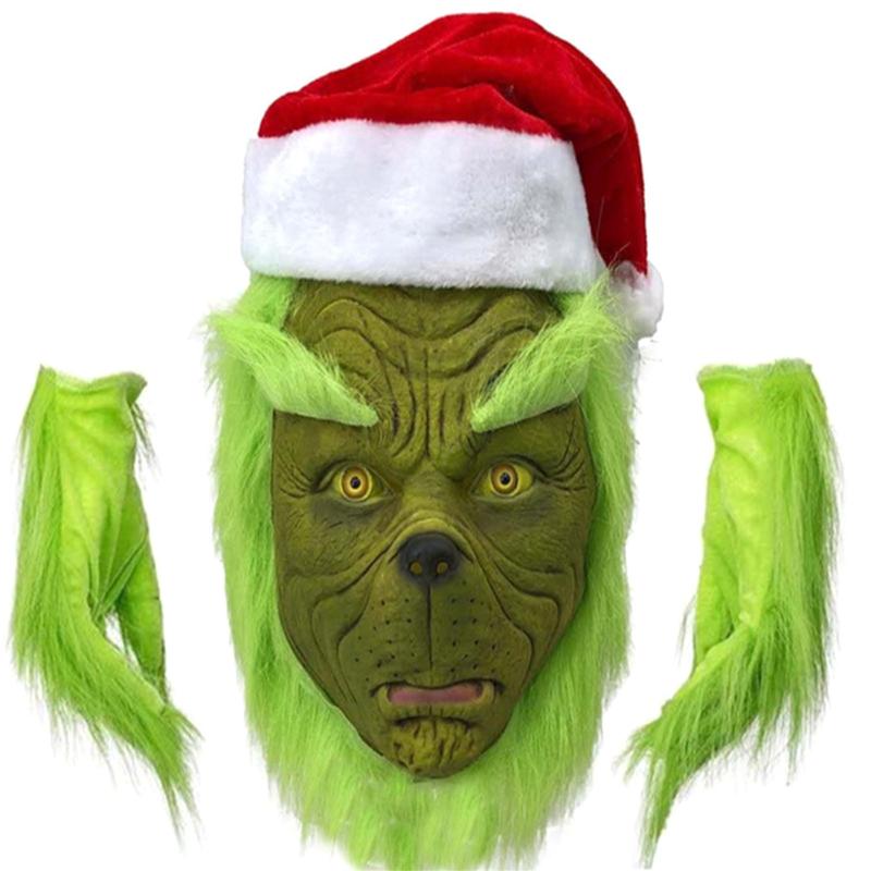 Hot Creative Halloween 7Pcs Costume Set Santa Claus Hat Top Boots Green Hair Monster Mask Gloves Cosplay Costume Xmas Clothes  Christmas