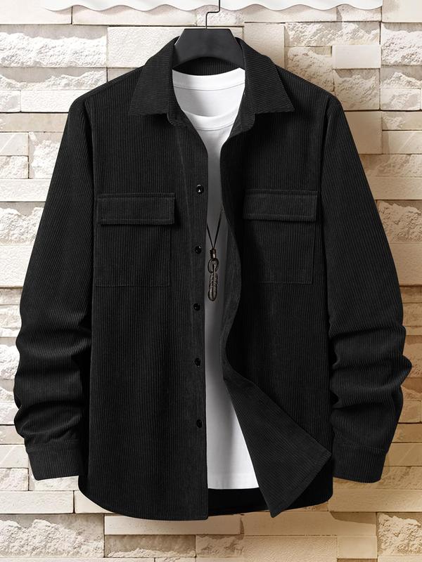 Men's Solid Button Front Pocket Corduroy Jacket, Regular Fit Casual Pocket Long Sleeve Collared Outerwear for Spring & Fall, Fashion Men's Clothes for Daily Wear