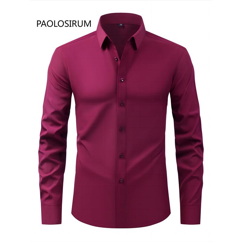 Men's Solid Color Lapel Collar Design Dress Shirts, Long Sleeve Casual Button Up Shirt For Formal Occasions Menswear Top