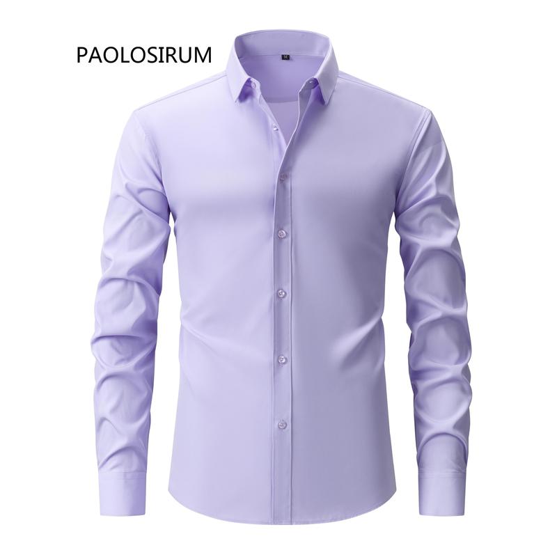 Men's Solid Color Lapel Collar Design Dress Shirts, Long Sleeve Casual Button Up Shirt For Formal Occasions Menswear Top