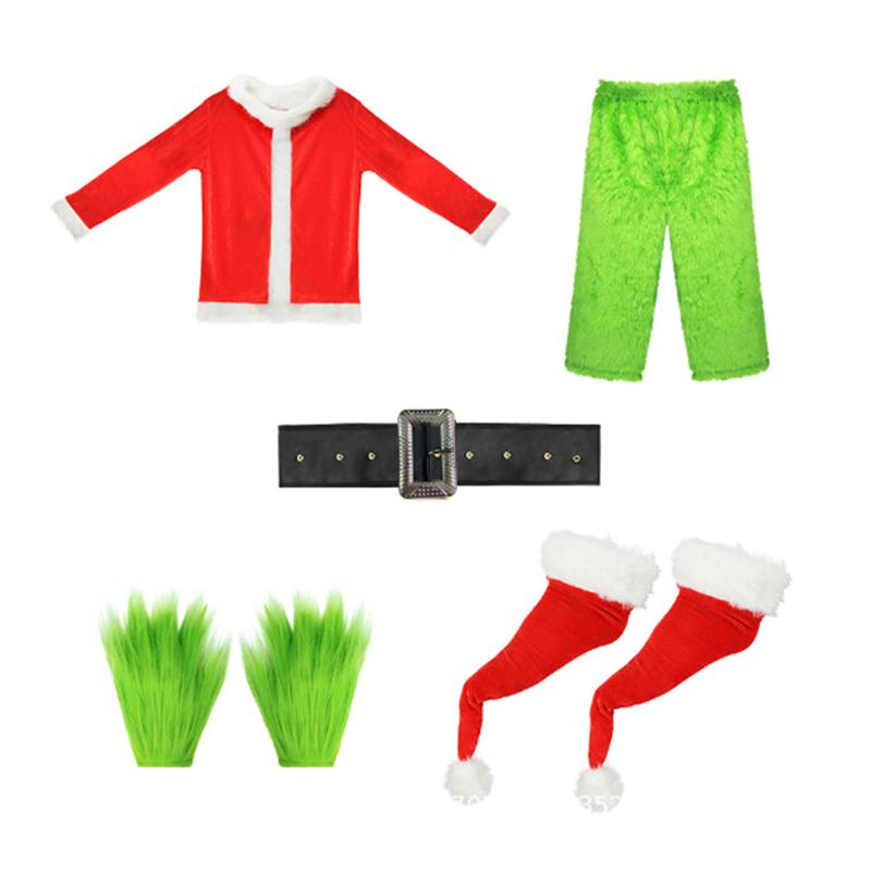 Hot Creative Halloween 7Pcs Costume Set Santa Claus Hat Top Boots Green Hair Monster Mask Gloves Cosplay Costume Xmas Clothes  Christmas