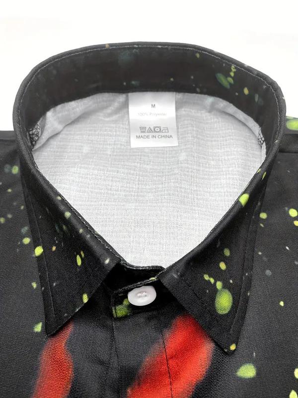 Men's Festive Christmas Rooster Print Casual Shirt - Short Sleeve, Button-Up, Polyester Blend for Parties & Casual Attire