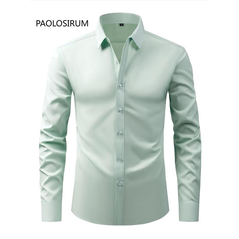 Men's Solid Color Lapel Collar Design Dress Shirts, Long Sleeve Casual Button Up Shirt For Formal Occasions Menswear Top