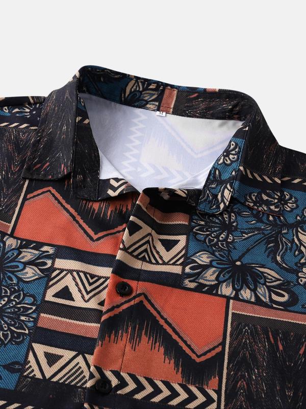 Men's Regular Fit Patchwork Print Button Front Shirt without Inner Tee & Necklace, Casual Boho Short Sleeve Collar Shirt for Summer, Fashion Men's Top for Beach Vacation