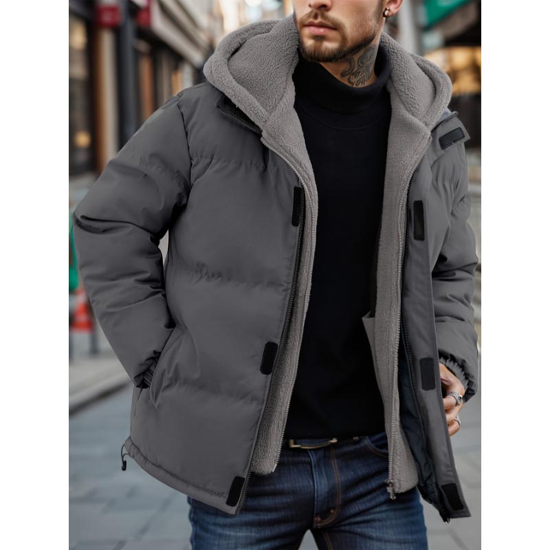 Two-piece Padded Men's Fleece Color Block Jacket, Casual Long Sleeve Warm Hooded Outwear with Pockets for Winter Outdoor Activities