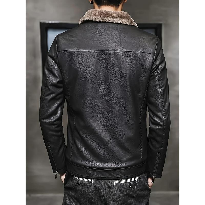 Men's Winter Casual PU Leather Jacket with Faux Fur Collar, Polyester Lining, Solid Color, Fit Style, Long Sleeve, Zipper Design - Polyester Cotton Viscose Blend