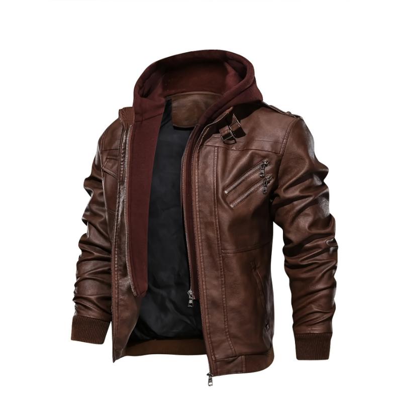 Men's Casual Hooded PU Leather Jacket, Chic Multi Pocket Jacket