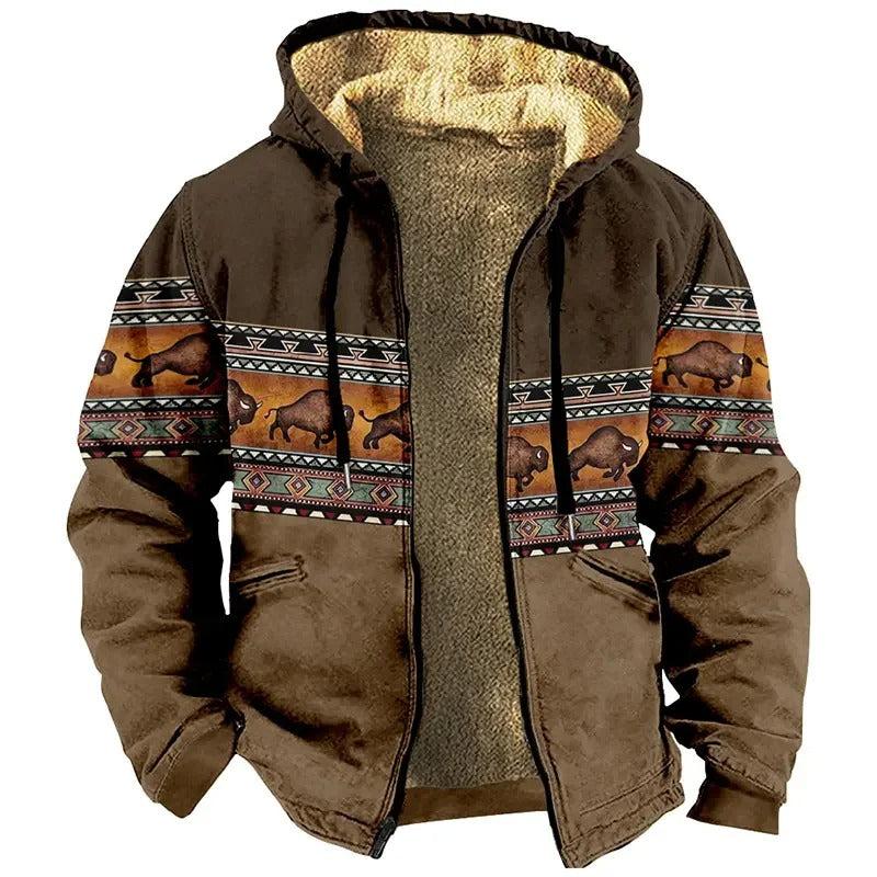 Vintage Winter Mens Bison Print Hooded Jacket