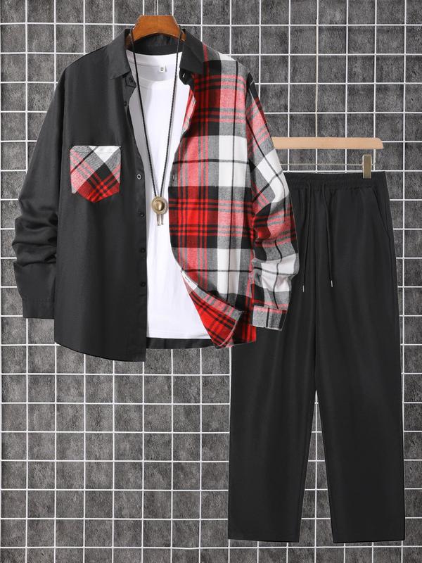 Two-Piece Set Men's Patchwork Plaid Print Button Front Shirt & Drawstring Waist Pants, Regular Fit Casual Long Sleeve Collared Top & Pocket Trousers for Fall & Winter, Men's Clothes for Daily Wear