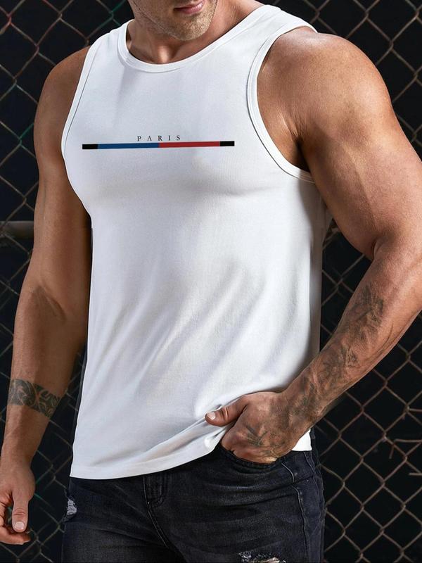 Letter Print Round Neck Tank Tops for Men, Summer Tops for 2024, Summer Outfits 2024, Regular Fit Casual Sleeveless Crew Neck Top for Summer, Men's Clothes for Daily Wear