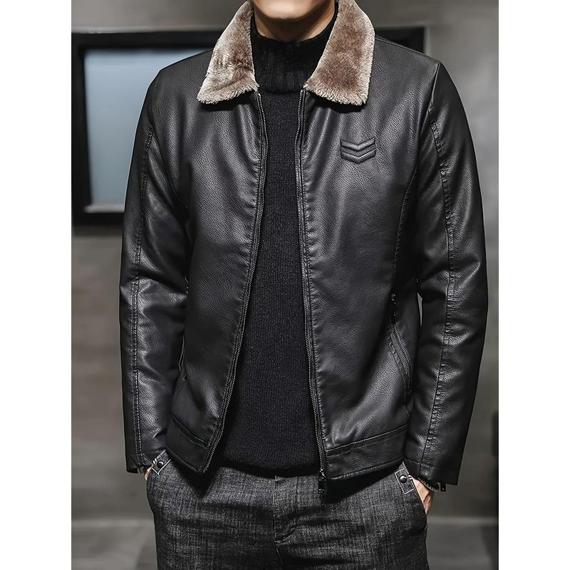 Men's Winter Casual PU Leather Jacket with Faux Fur Collar, Polyester Lining, Solid Color, Fit Style, Long Sleeve, Zipper Design - Polyester Cotton Viscose Blend