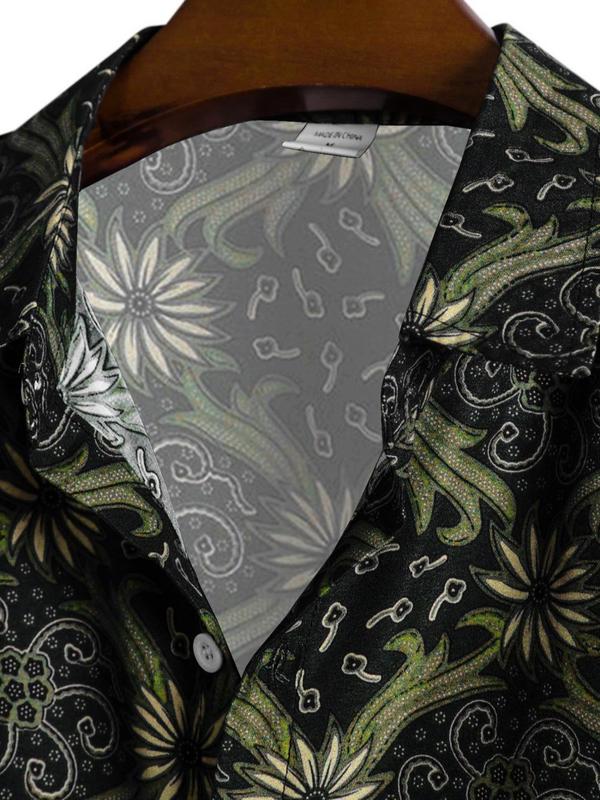 Men's Regular Fit Floral Print Button Front Shirt, Boho Casual Short Sleeve Collar Shirt for Summer, Menswear for Beach Vacation