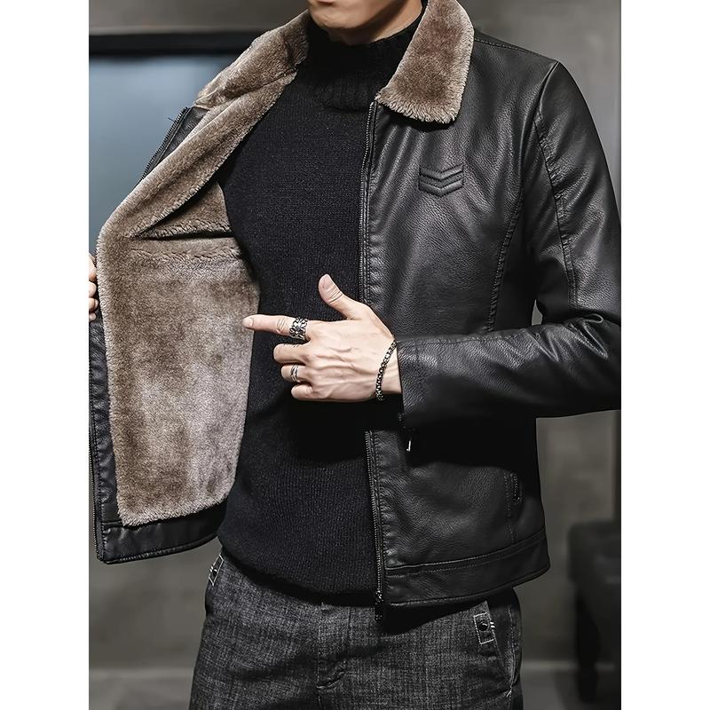 Men's Winter Casual PU Leather Jacket with Faux Fur Collar, Polyester Lining, Solid Color, Fit Style, Long Sleeve, Zipper Design - Polyester Cotton Viscose Blend