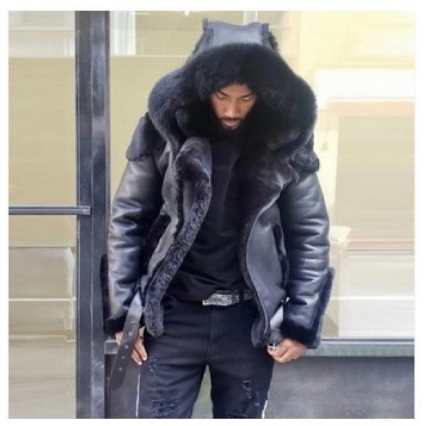 Q027 Men's Faux Leather plus Velvet Thickened Fur Short Zipper Coat Hooded Men's Coat