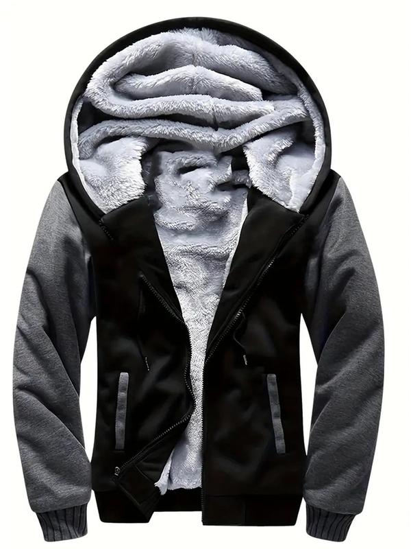 Men's Solid Color Plush Lined Zip Up Sports Hoodie, Casual Regular Fit Long Sleeve Pocket Hooded Sports Jacket for Fall & Winter, Warm Sports Coats, Men's Sportswear for Indoor Outdoor Wear, Winter Coats fall & winter long sleeve