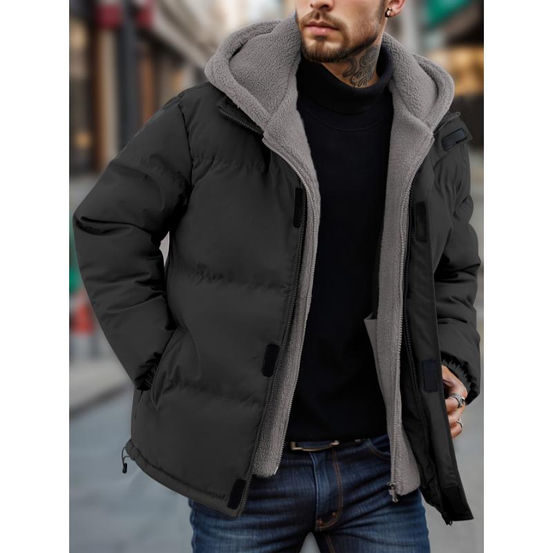 Two-piece Padded Men's Fleece Color Block Jacket, Casual Long Sleeve Warm Hooded Outwear with Pockets for Winter Outdoor Activities