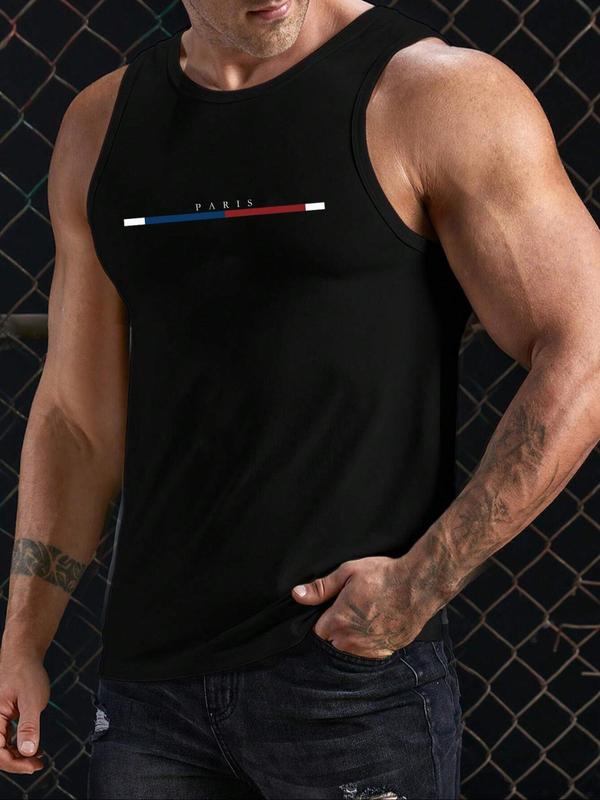 Letter Print Round Neck Tank Tops for Men, Summer Tops for 2024, Summer Outfits 2024, Regular Fit Casual Sleeveless Crew Neck Top for Summer, Men's Clothes for Daily Wear