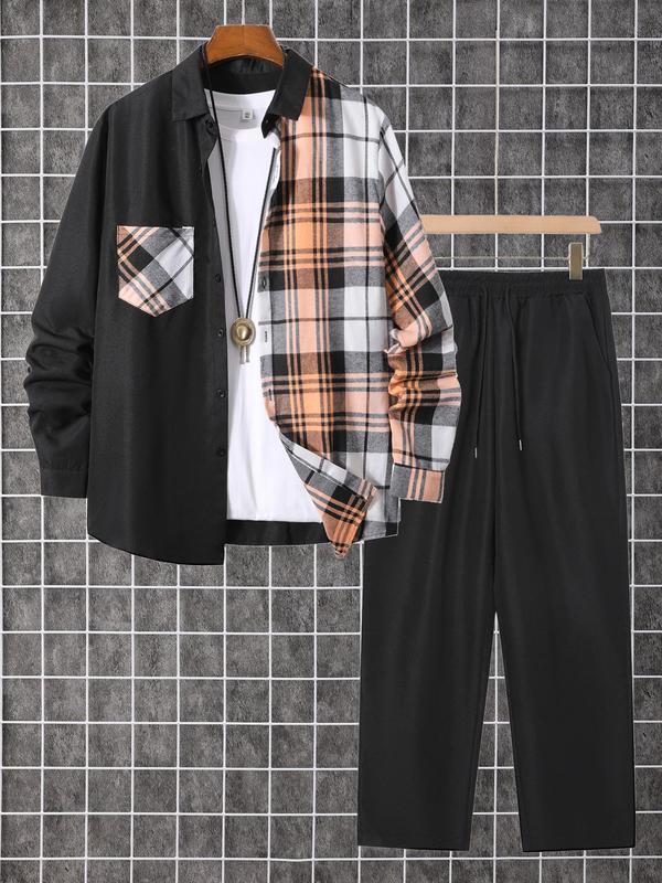 Two-Piece Set Men's Patchwork Plaid Print Button Front Shirt & Drawstring Waist Pants, Regular Fit Casual Long Sleeve Collared Top & Pocket Trousers for Fall & Winter, Men's Clothes for Daily Wear