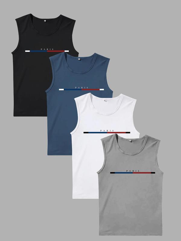 Letter Print Round Neck Tank Tops for Men, Summer Tops for 2024, Summer Outfits 2024, Regular Fit Casual Sleeveless Crew Neck Top for Summer, Men's Clothes for Daily Wear